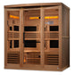 Cedar infrared sauna with three glass doors, wooden benches with black slats, illuminated heating elements, and control panel