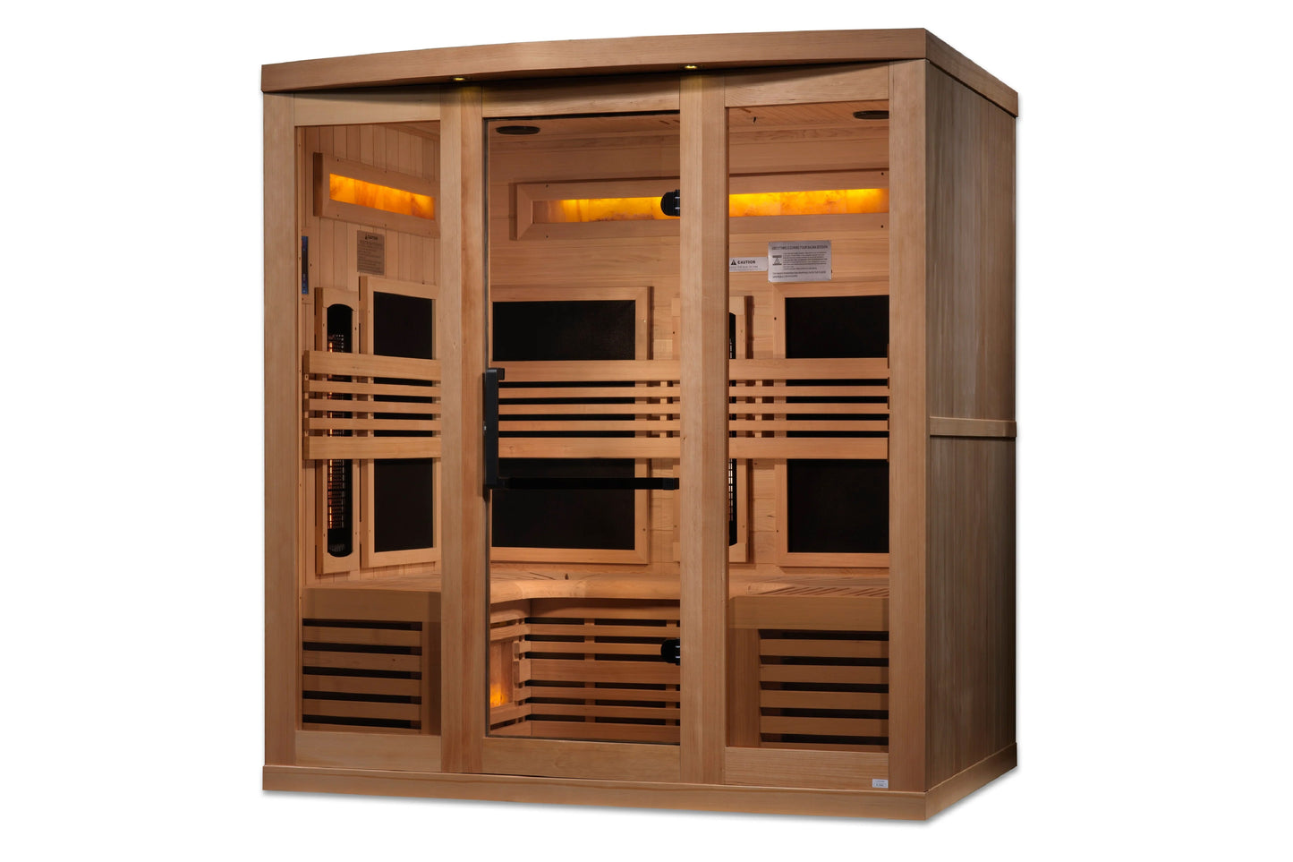 Cedar infrared sauna with three glass doors, wooden benches with black slats, illuminated heating elements, and control panel