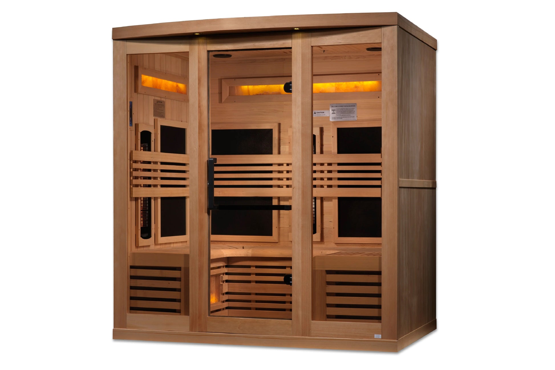 Cedar infrared sauna with three glass doors, wooden benches with black slats, illuminated heating elements, and control panel