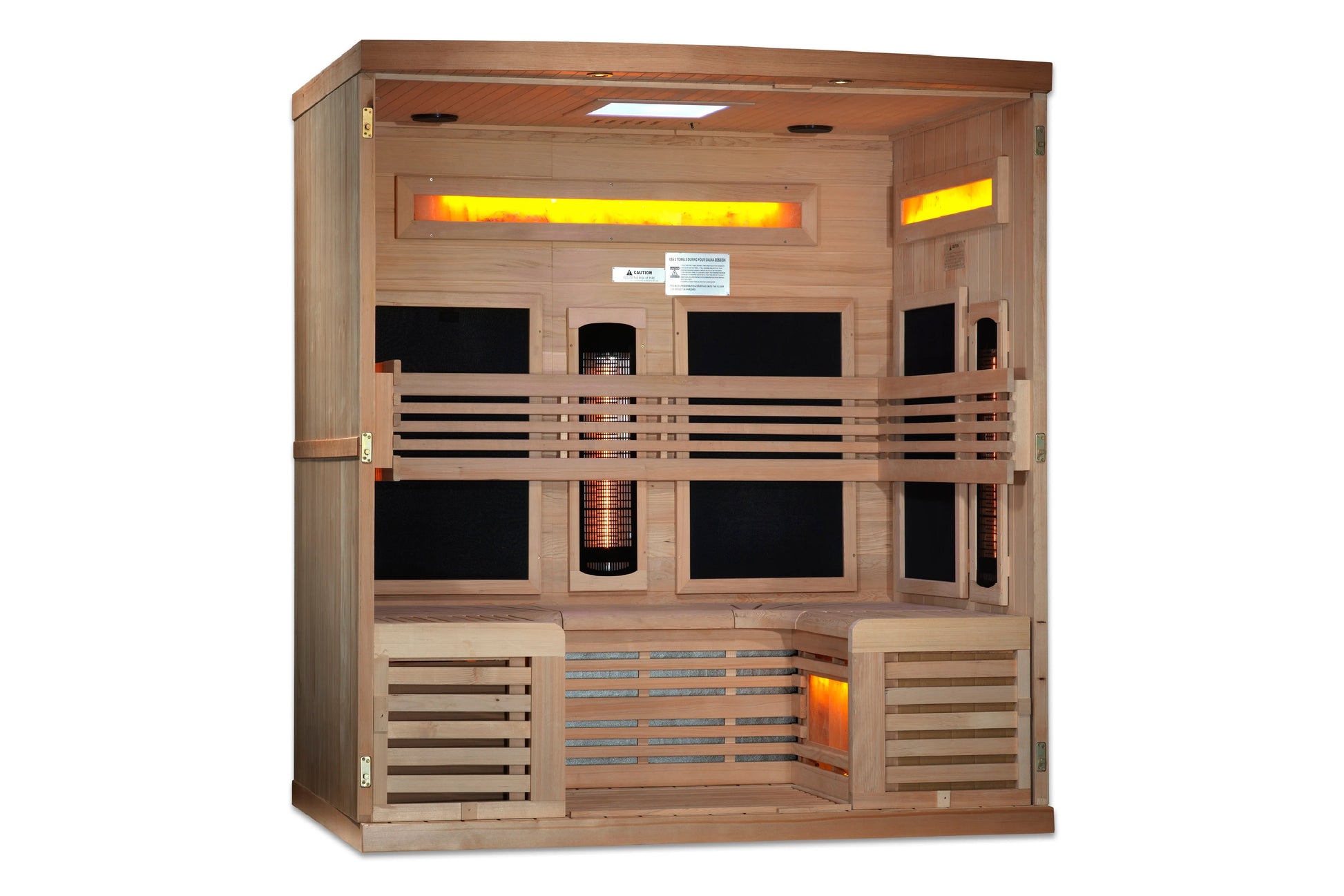 Wooden sauna cabin with full-spectrum infrared heaters, two-tier bench seating, glowing yellow heating elements, and Himalaya
