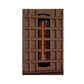 Brown wooden sauna cabinet with full spectrum infrared heater, orange glowing heating element visible through mesh vents, and