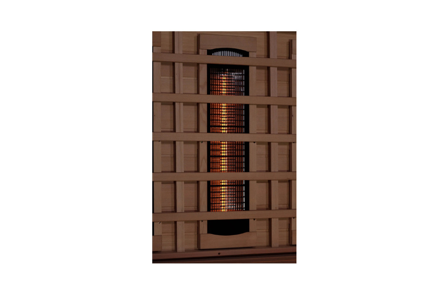 Brown wooden sauna cabinet with full spectrum infrared heater, orange glowing heating element visible through mesh vents, and