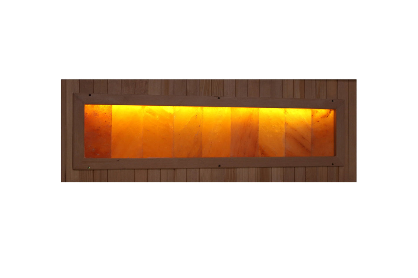 Golden Designs Reserve Edition 6-person infrared sauna with glowing golden Himalayan salt bar and brown wood paneling
