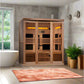 Cedar infrared sauna with three glass doors, amber lighting, and horizontal slat design in modern bathroom setting