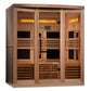 Golden Designs Reserve Edition 6-person infrared sauna with light wood construction, glass doors, and illuminated Himalayan s