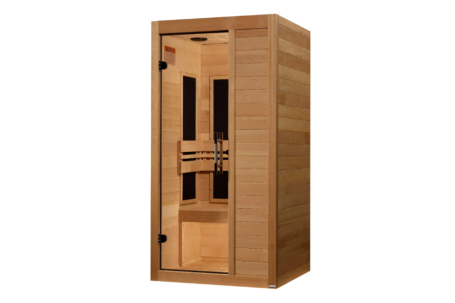 Cedar wood infrared sauna cabin with glass door, black interior heating panels, bench seating, and control handle on white ba