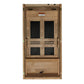 Natural wood infrared sauna with two-tier design, dark textile panels, and control handle on lower compartment, front view on