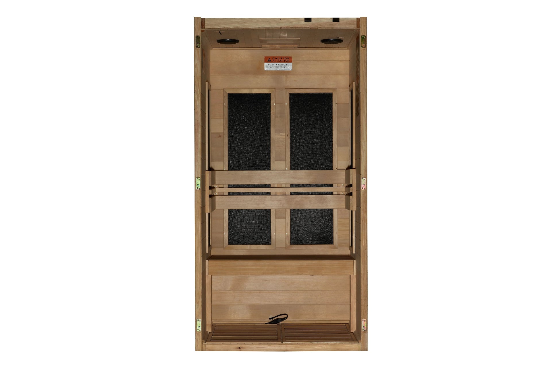 Natural wood infrared sauna with two-tier design, dark textile panels, and control handle on lower compartment, front view on