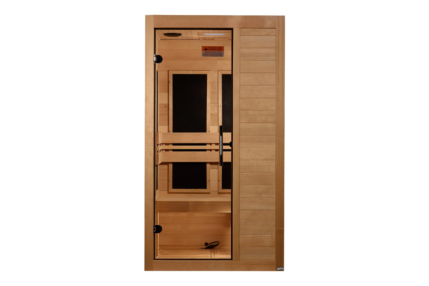 Cedar wood infrared sauna with glass door and two black benches, front view on white background