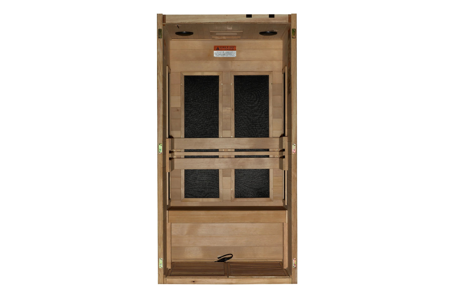 Natural wood sauna cabin with two-tier design, four black fabric-covered benches, and wooden interior, shown open from front 