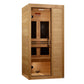 Cedar wood infrared sauna cabin with two glass doors, black interior benches, and control panel on white background