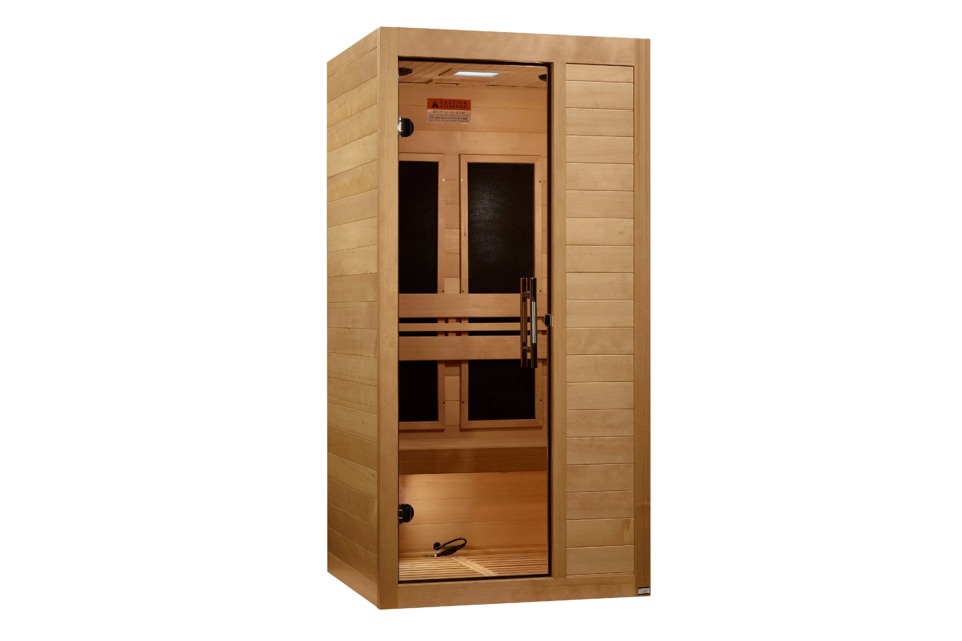 Cedar wood infrared sauna cabin with two glass doors, black interior benches, and control panel on white background