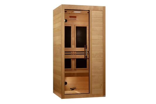 Cedar wood infrared sauna cabin with two glass doors, black interior benches, and control panel on white background