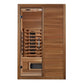 Two-person infrared sauna with cedar wood construction, glass door panel, interior benches, and heating elements visible on w