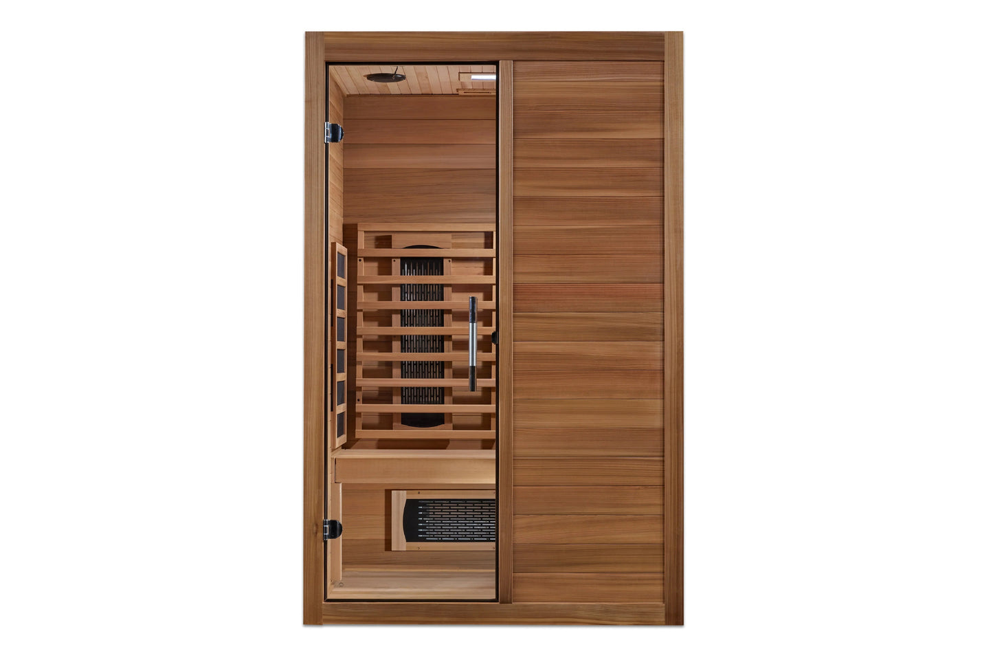 Two-person infrared sauna with cedar wood construction, glass door panel, interior benches, and heating elements visible on w