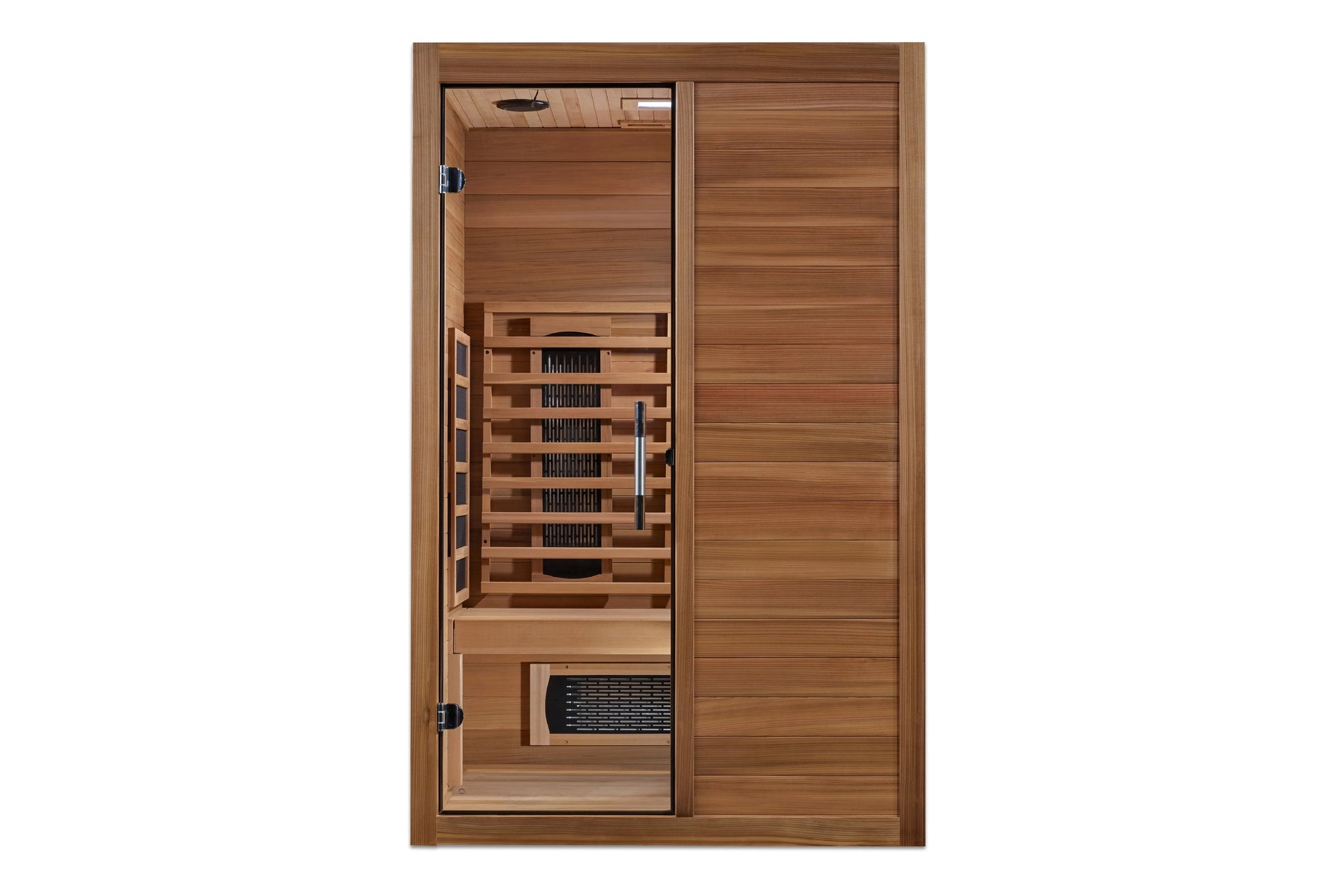 Two-person infrared sauna with cedar wood construction, glass door panel, interior benches, and heating elements visible on w