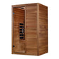 Red cedar infrared sauna with glass door, wooden bench seating, and control panel on white background