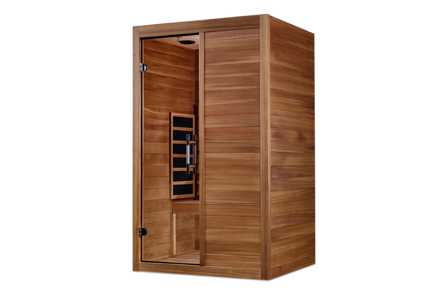 Red cedar infrared sauna with glass door, wooden bench seating, and control panel on white background