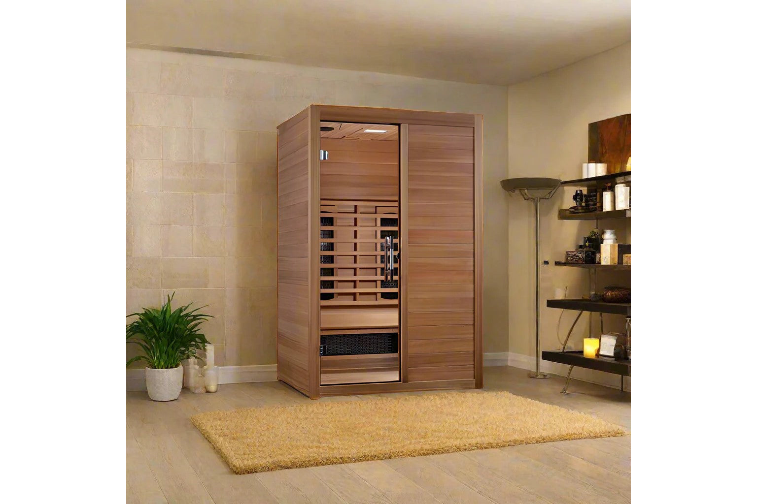 Cedar wood infrared sauna with glass door and wooden benches, shown in spa bathroom setting with beige tile walls and shelvin