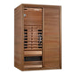 Cedar wood infrared sauna cabinet with glass door showing interior benches and heating elements on white background