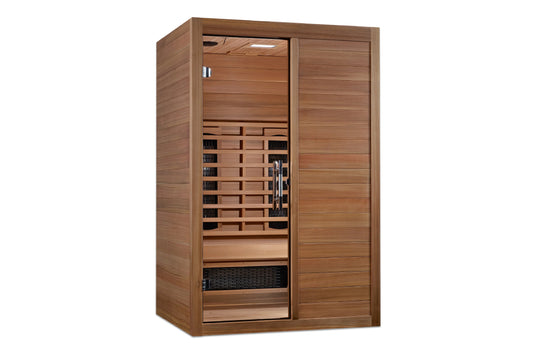 Cedar wood infrared sauna cabinet with glass door showing interior benches and heating elements on white background