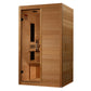 Cedar wood infrared sauna cabin with glass door, interior bench, and control panel on white background