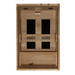 Natural wood sauna cabin with four black glass windows, two on upper level and two on lower level, featuring wooden benches a