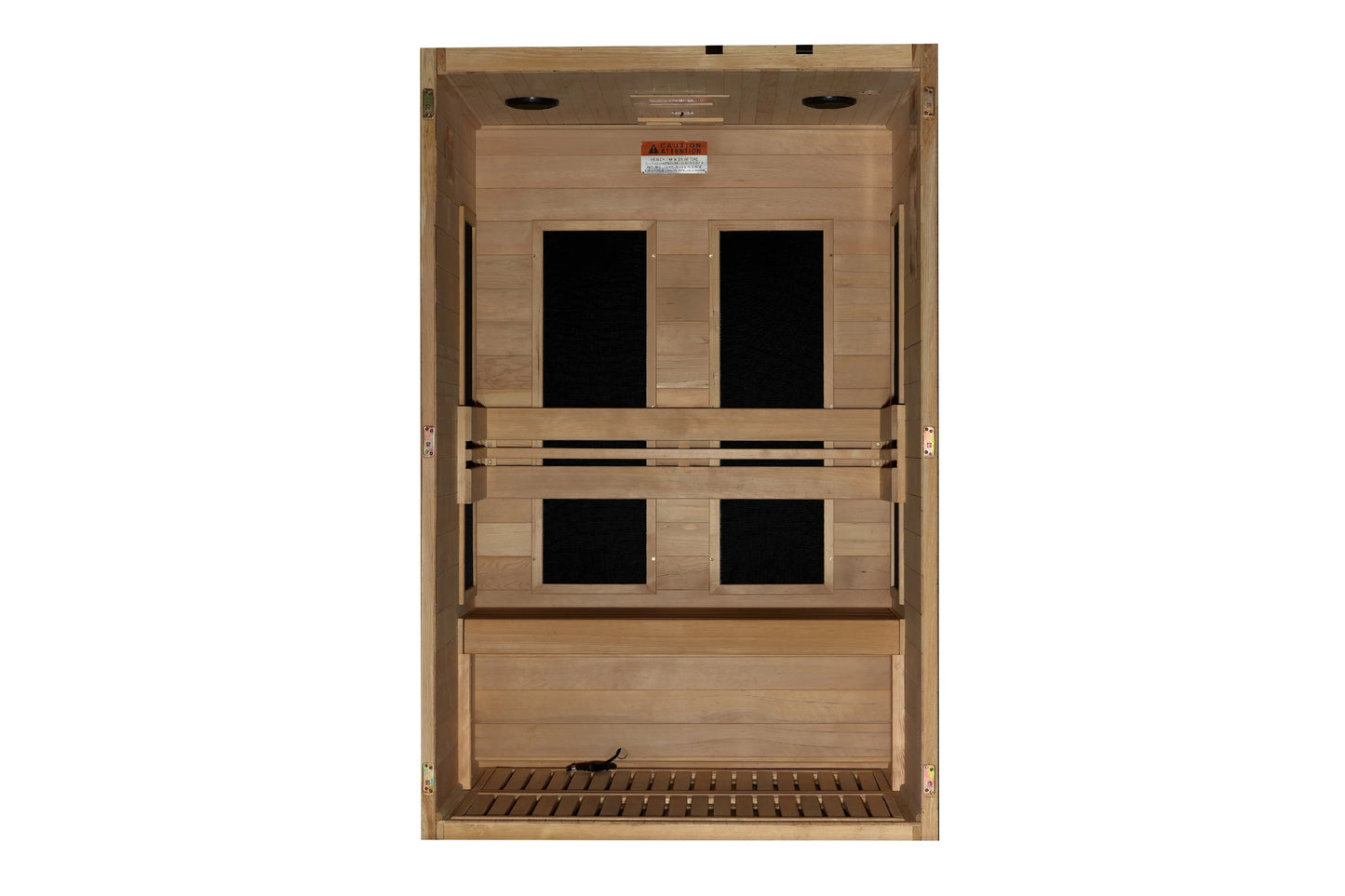 Natural wood sauna cabin with four black glass windows, two on upper level and two on lower level, featuring wooden benches a