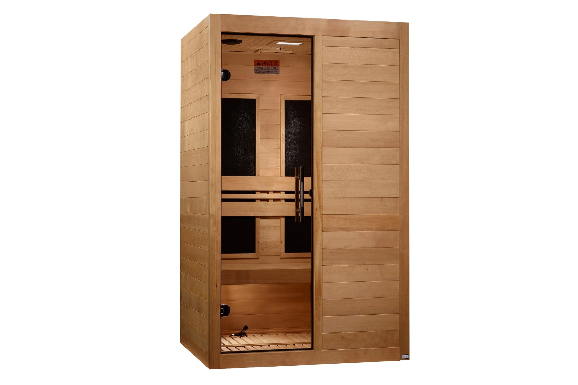 Cedar wood two-person infrared sauna with glass front door, two black heater panels, wooden bench seating, and metal handle o