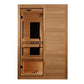 Cedar wood infrared sauna with glass door, black metal handles, and horizontal wood paneling on white background