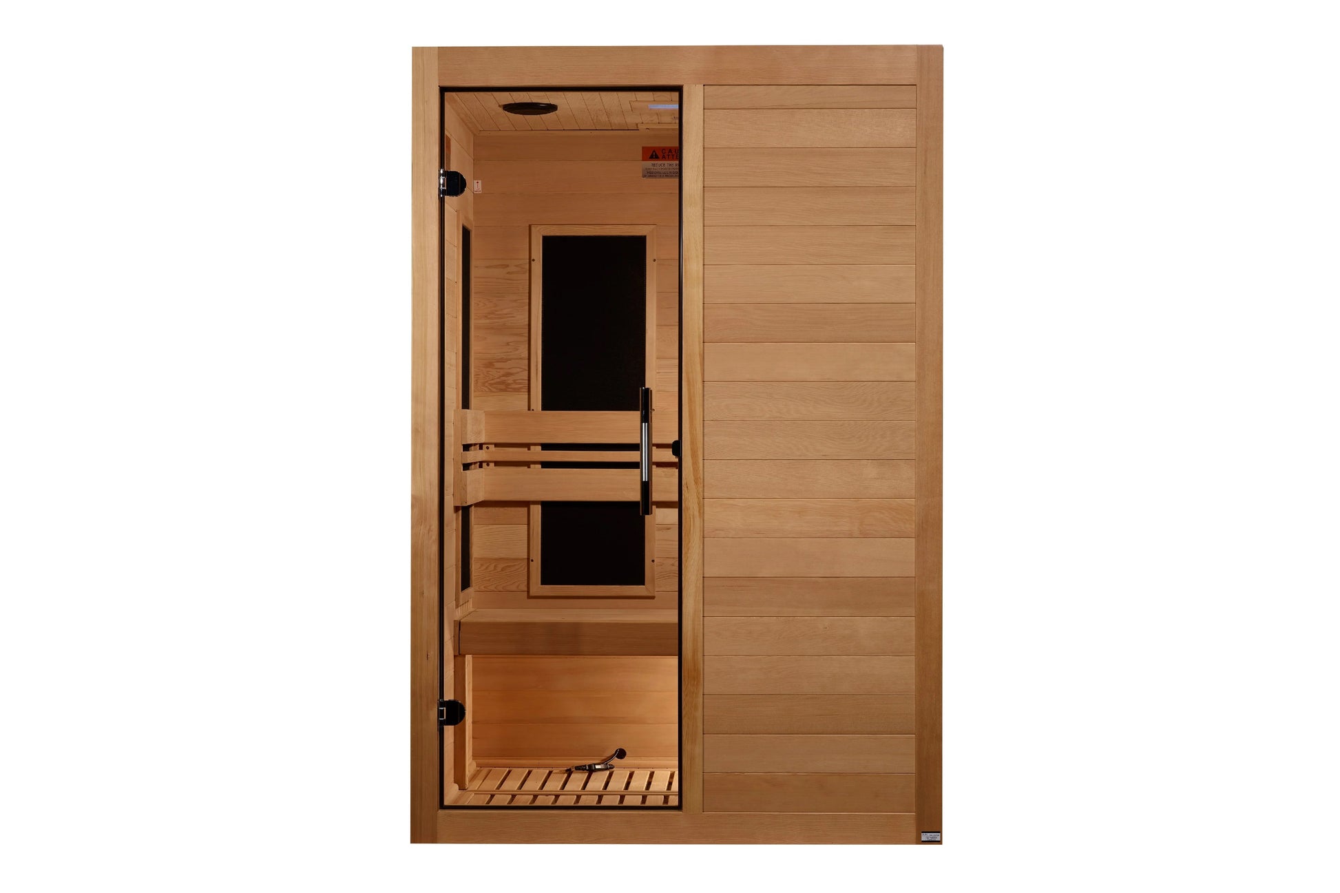 Cedar wood infrared sauna with glass door, black metal handles, and horizontal wood paneling on white background