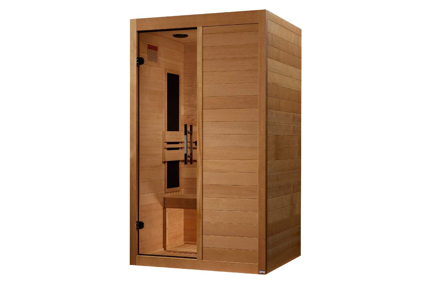 Rectangular cedar wood sauna with glass door, horizontal wood paneling, black metal handles, interior bench, and overhead hea