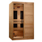 Two-person infrared sauna with light wood construction, black tempered glass door and windows, horizontal wood bench seating,