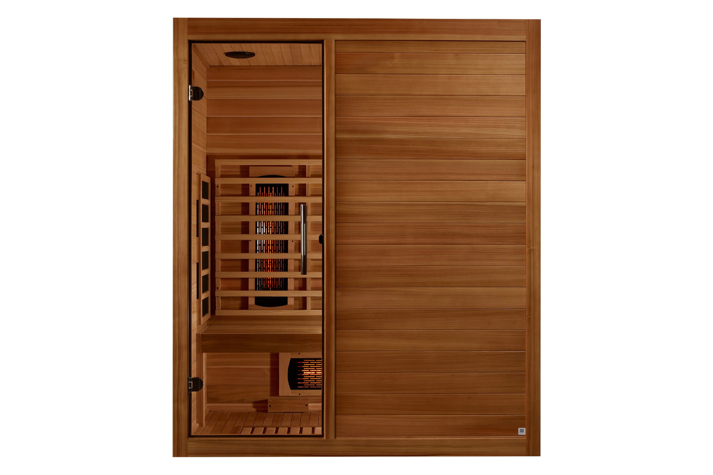 Maxxus S-Line 3-person infrared sauna with cedarwood interior, glass door, multiple heating panels, and control panel on whit