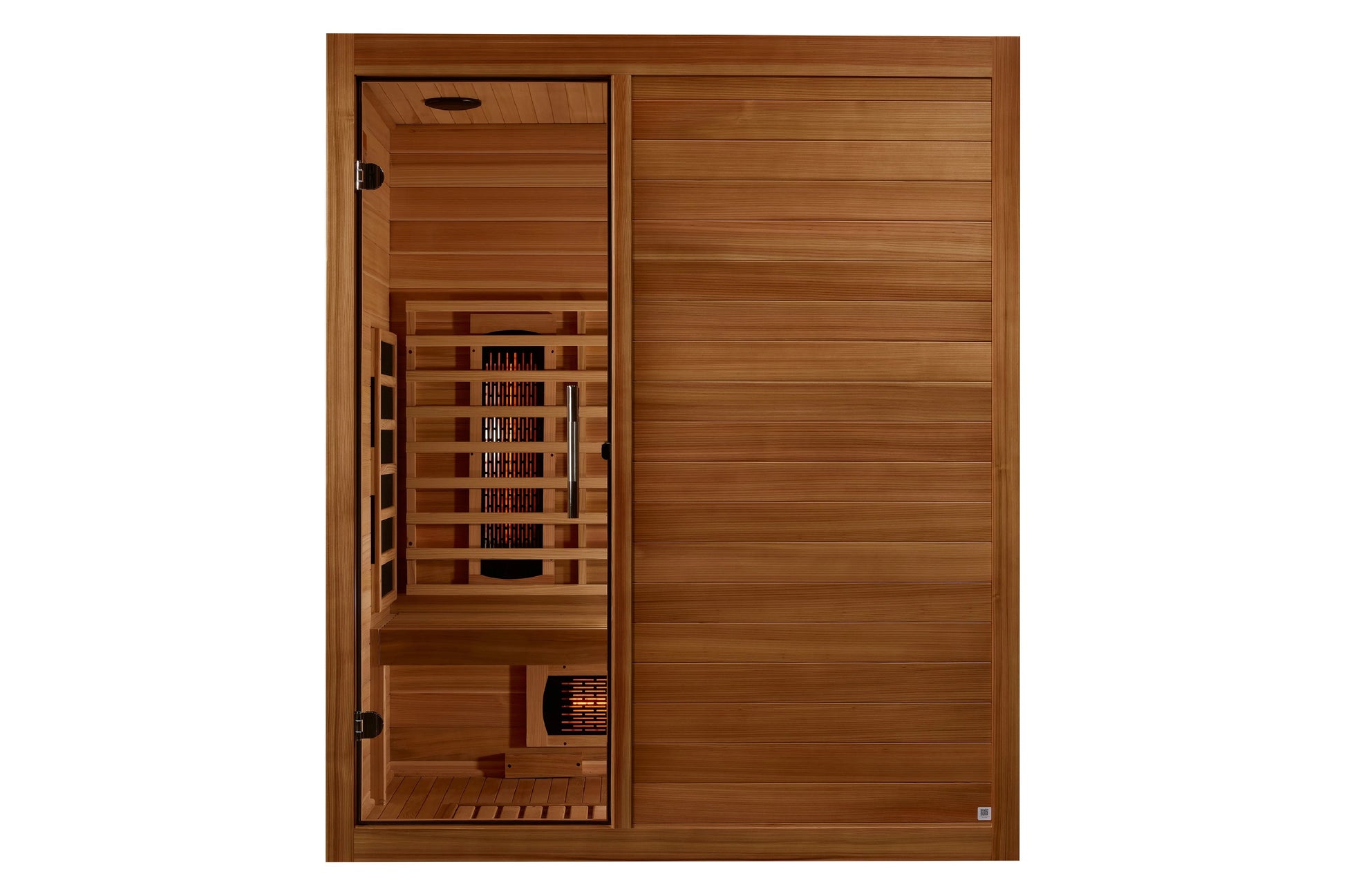 Maxxus S-Line 3-person infrared sauna with cedarwood interior, glass door, multiple heating panels, and control panel on whit