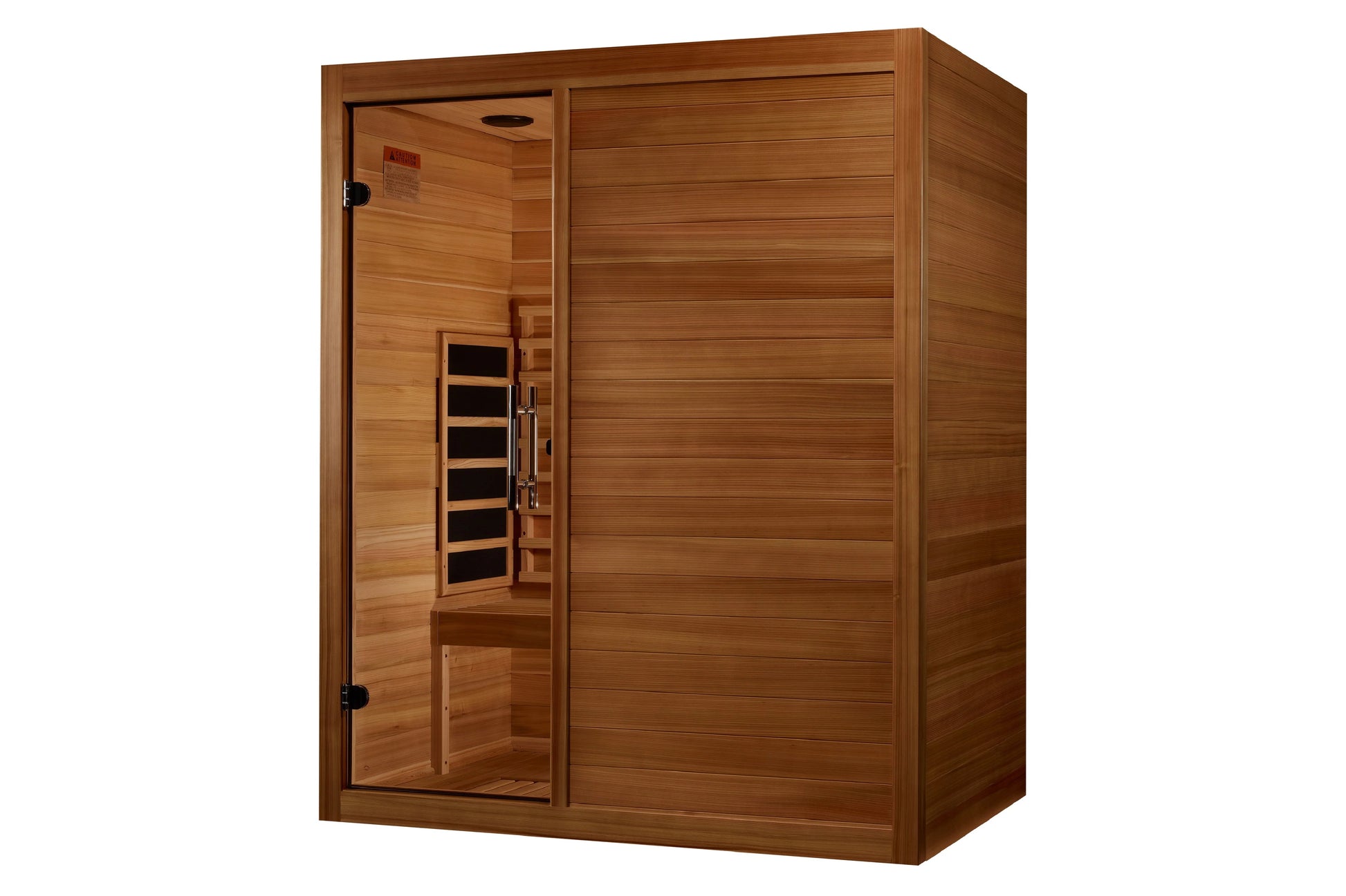 Maxxus S-Line 3-person infrared sauna with cedar wood construction, glass door, and interior heater panels on white backgroun