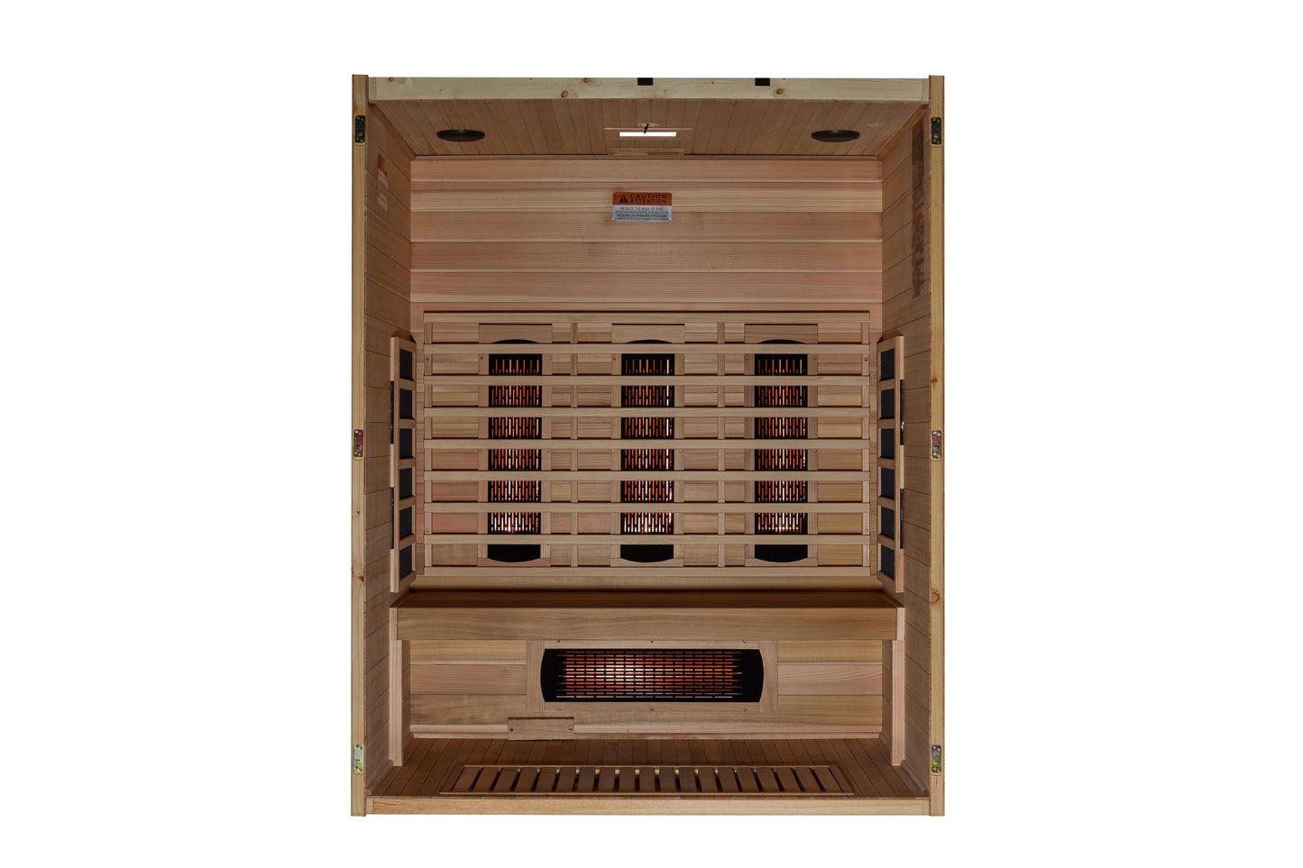 Maxxus S-Line 3-person infrared sauna with light wood interior, multiple infrared heaters, and wooden bench, front view