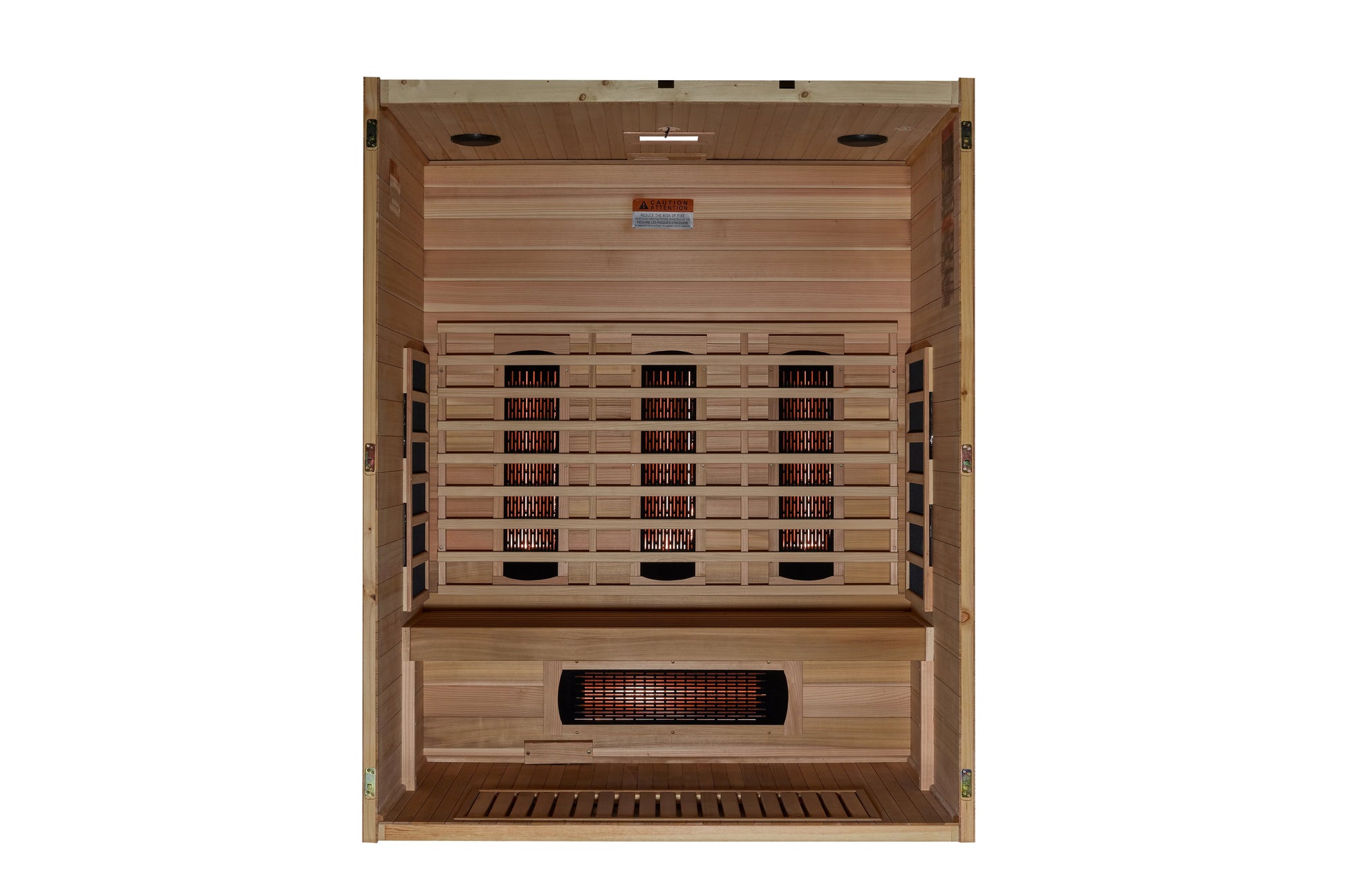 Maxxus S-Line 3-person infrared sauna with light wood interior, multiple infrared heaters, and wooden bench, front view
