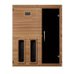 Cedar wood infrared sauna with two black heater panels, glass door, digital control panel, and metal handles on white backgro