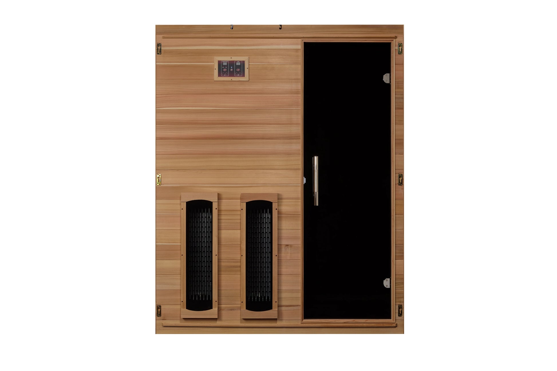 Cedar wood infrared sauna with two black heater panels, glass door, digital control panel, and metal handles on white backgro