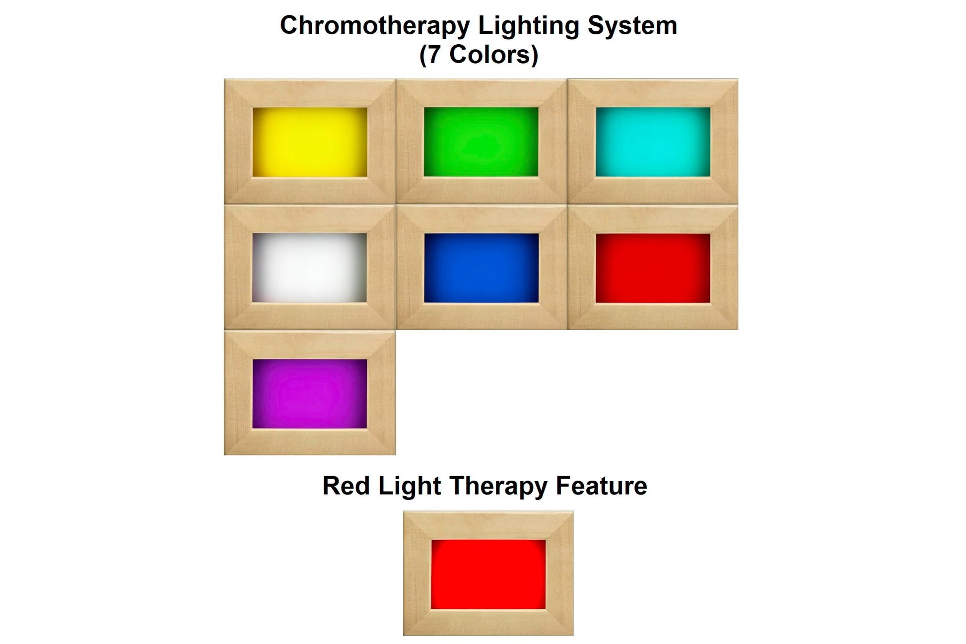 Chromotherapy lighting system with seven color options: yellow, green, cyan, white, blue, red, and magenta in natural wood fr