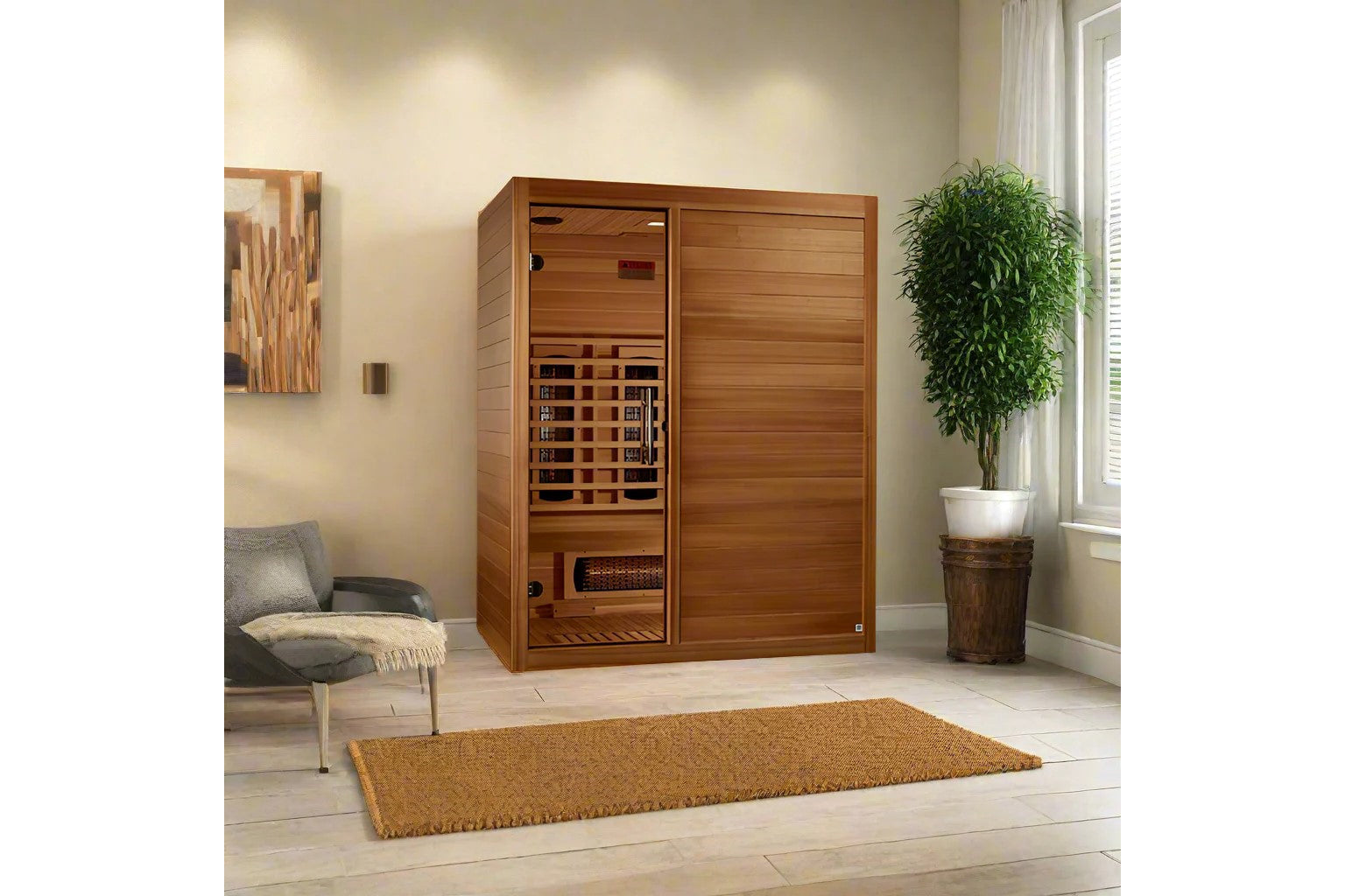 Cedar wood infrared sauna with glass door panel and bench seating in modern bedroom setting