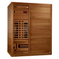 Cedar wood infrared sauna with glass door, interior heater visible, and wooden bench on white background