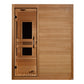 Two-person sauna with light cedar wood exterior, glass door with two small windows, black metal handle, and wooden bench inte