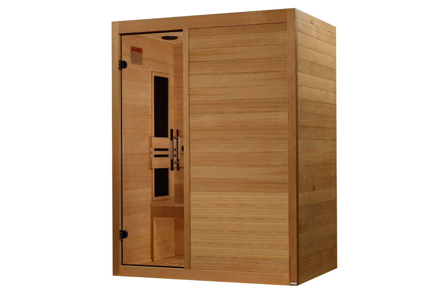 Maxxus S-Line 3-person infrared sauna with cedar wood construction, glass door with black handle, and horizontal wood panelin
