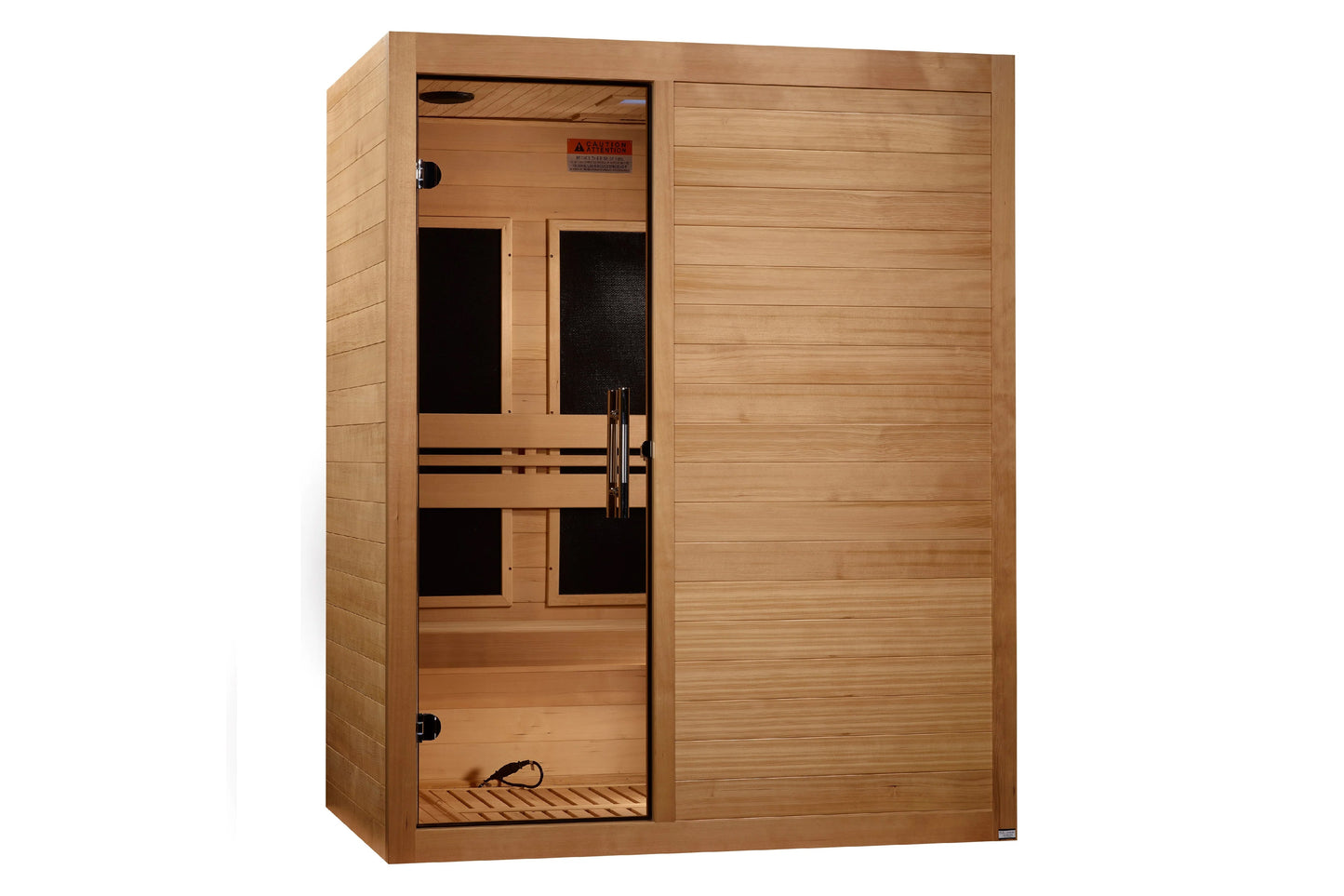 Cedar wood infrared sauna with glass door panel, wooden bench seating, and black heating elements visible inside