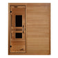 Two-person cedar infrared sauna with glass front door, interior bench, black metal handles, and horizontal wood paneling on w