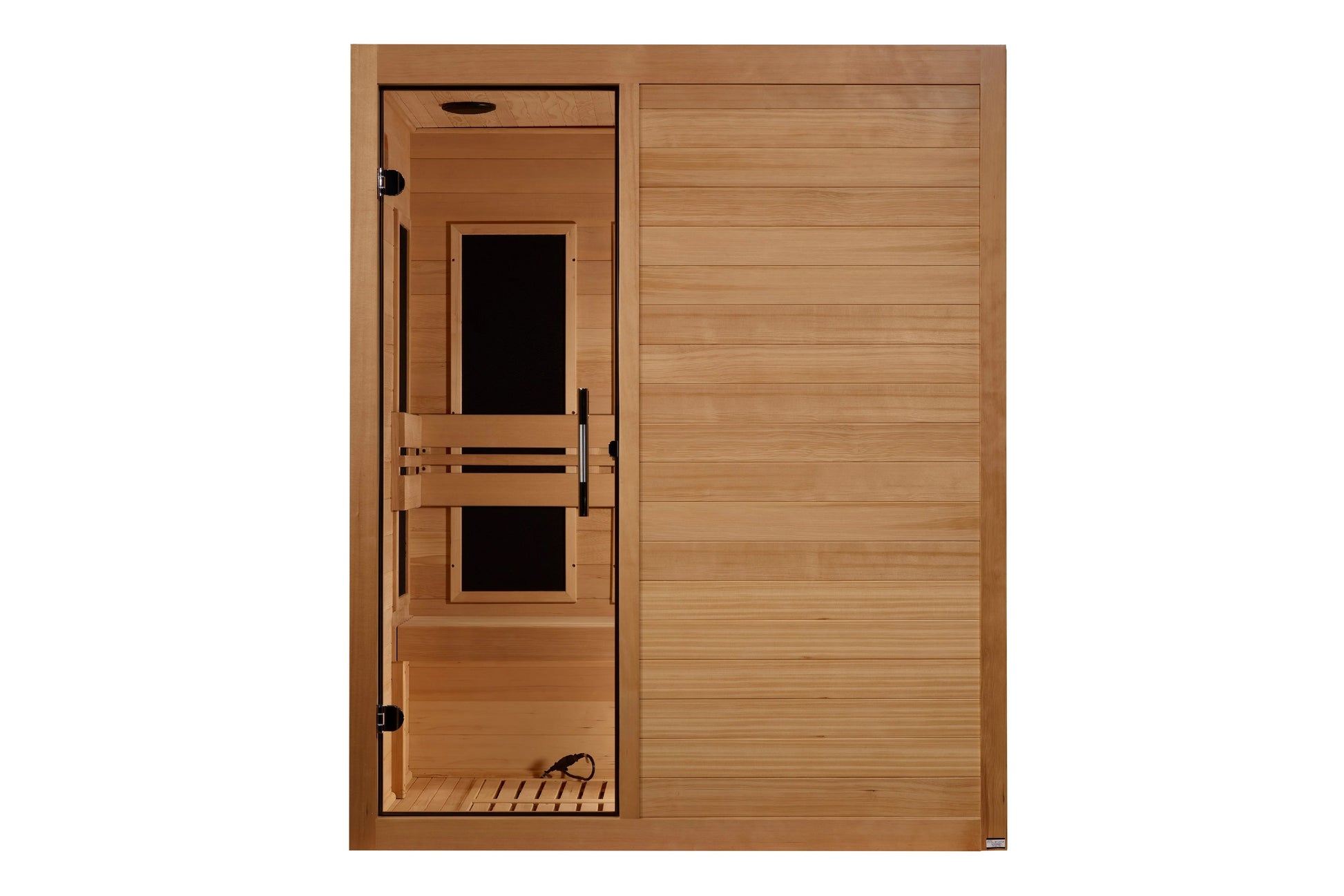 Two-person cedar infrared sauna with glass front door, interior bench, black metal handles, and horizontal wood paneling on w