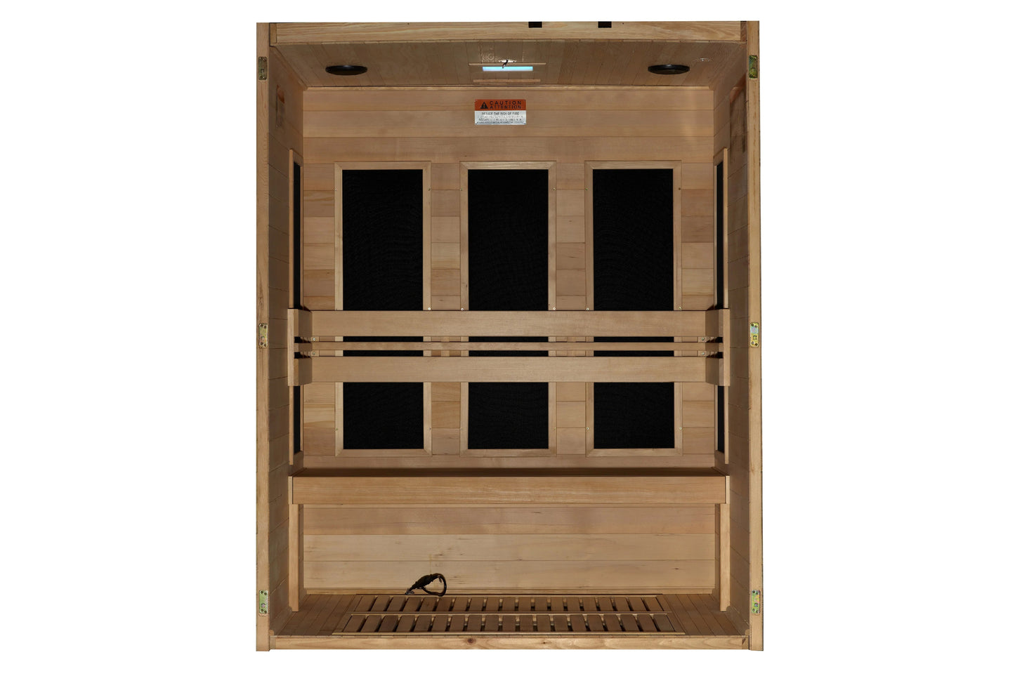 Cedar wood infrared sauna interior with six black glass windows, wooden benches, and black heating elements, viewed from fron