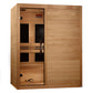 Cedar wood infrared sauna with glass front door, black interior panels, wooden bench seating, and control panel on top, viewe